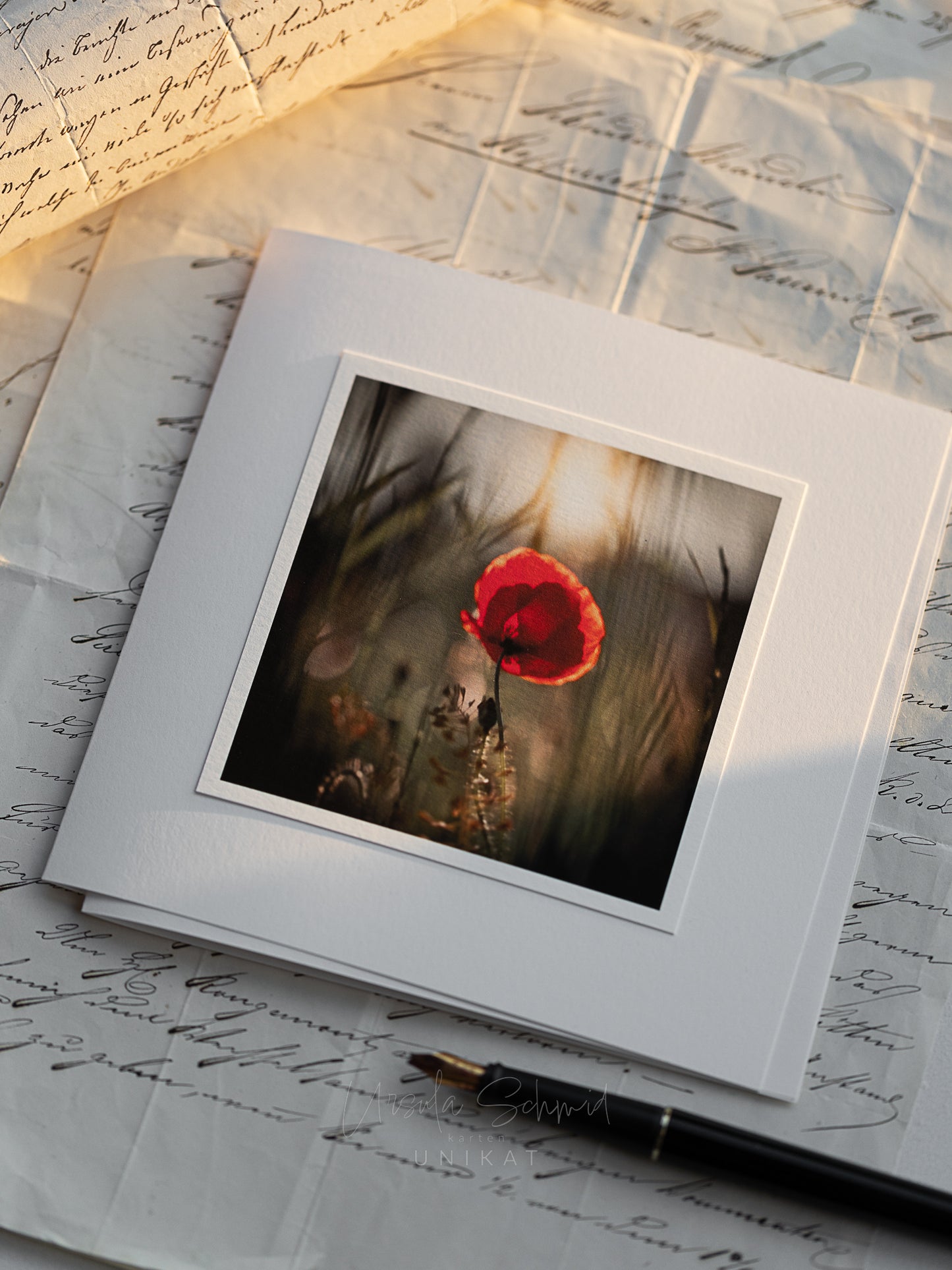 Zarte rote Mohnblume im goldenen Licht – einfühlsame Trauerkarte aus eigener Naturfotografie, handgefertigt