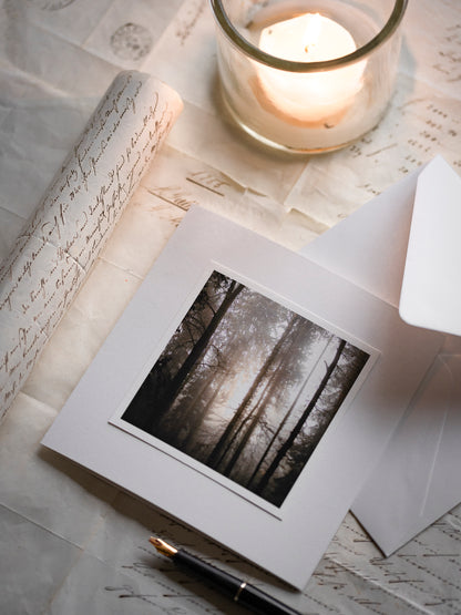 Trauerkarte Lichtstrahlen durch Bäume im Nebel – eigene Naturfotografie matt gedruckt auf Hahnemühle Papier